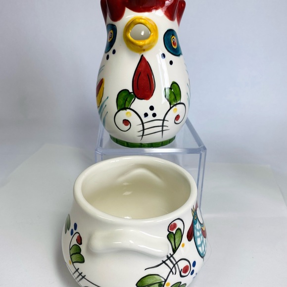 Vintage Clay Art Mosaic Rooster Cream Pitcher And Sugar Bowl Hand painted  Fun - Picture 2 of 10